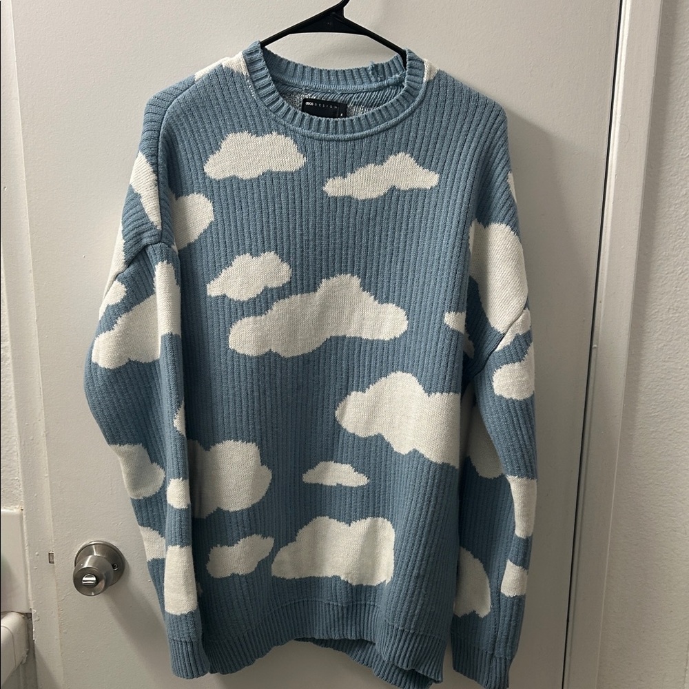 ASOS Sky Blue Crewneck Sweater with White Cloud Pattern